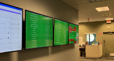 Monitors showing automated building and testing
